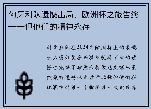 匈牙利队遗憾出局，欧洲杯之旅告终——但他们的精神永存